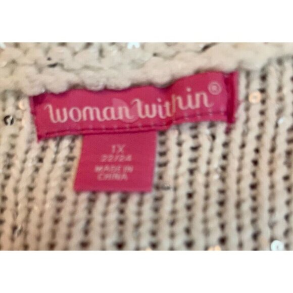 Woman Within + 22/24 Cream Sequin V-Neckline Ribbed Trim Long Sleeve Sweater - Picture 6 of 6